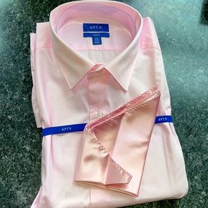 🆕 APT 9 Pink Cotton Blend Button Up dress shirt & pocket square set